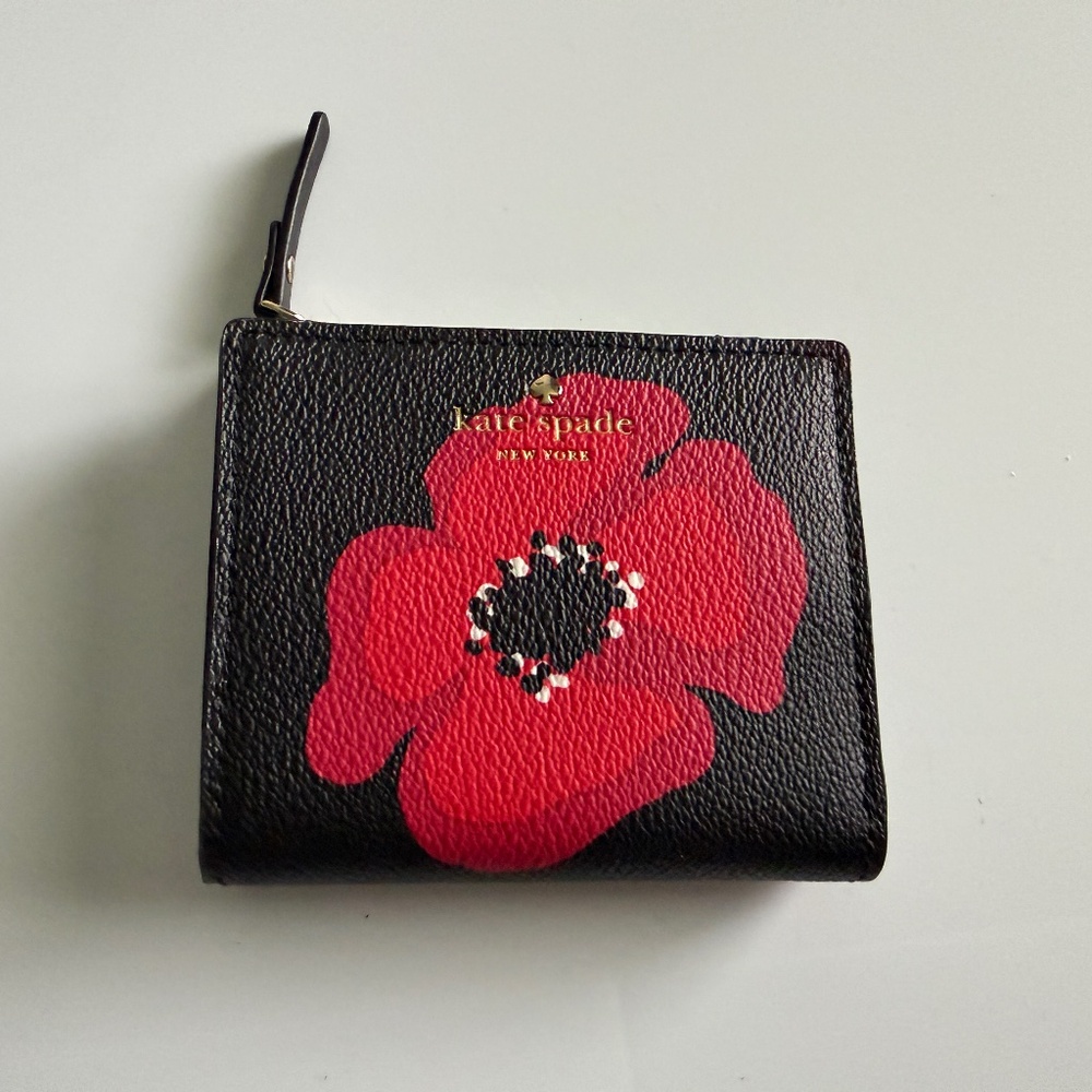 kate spade Black Leather Wallet with Red Floral Print